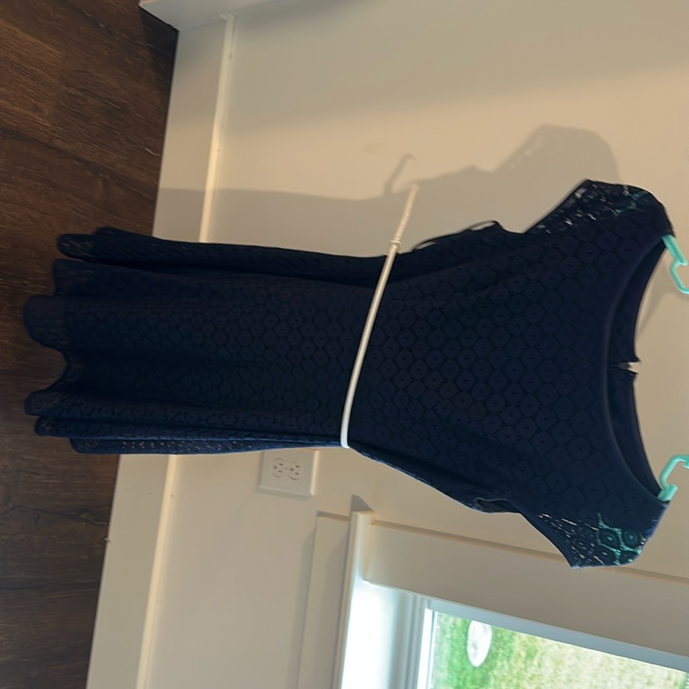 Worn once, navy blue eyelet dress with white waist belt